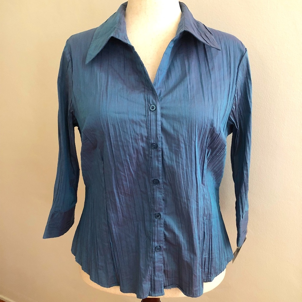 Apt. 9 Crinkle Button-Down Blue w Purple Tones Women's Blouse